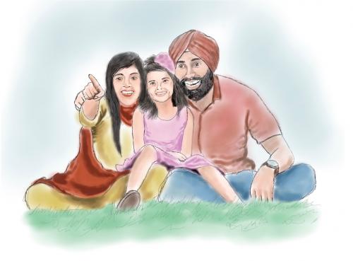 Illustration of South Asian family sitting on grass.