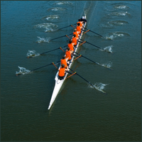 A stock image of people rowing a boat.